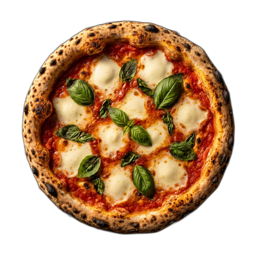 Pizza Margherita cuite au feu de bois, vue de dessus