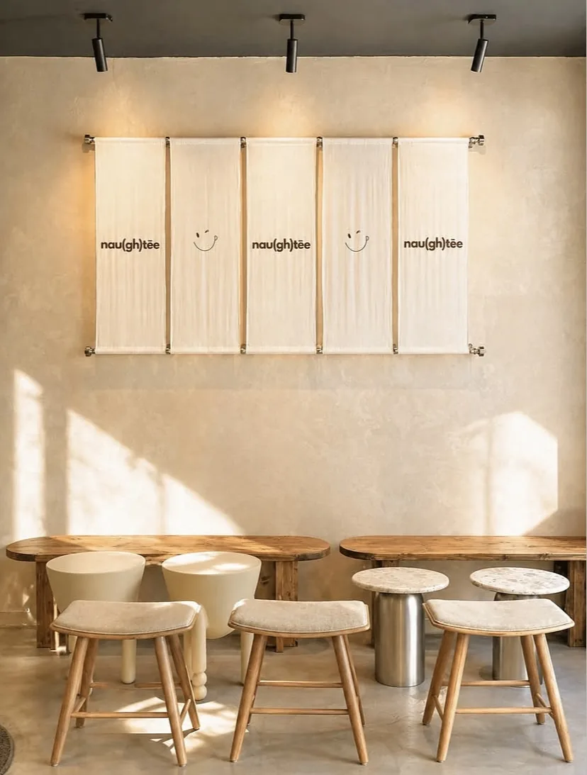 La salle du Naughtēe Café : bannières en lin, bancs en bois brut, murs à la chaux