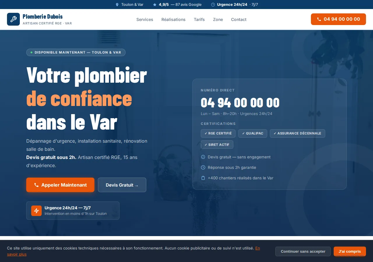 Site plombier après refonte Recode Studio