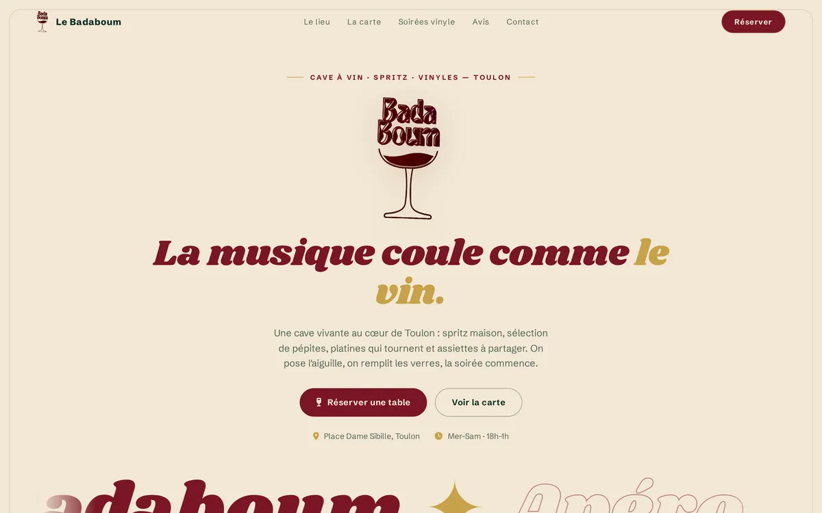 Démonstration de site pour Le Badaboum, bar à vin à Toulon, réalisée par Recode Studio
