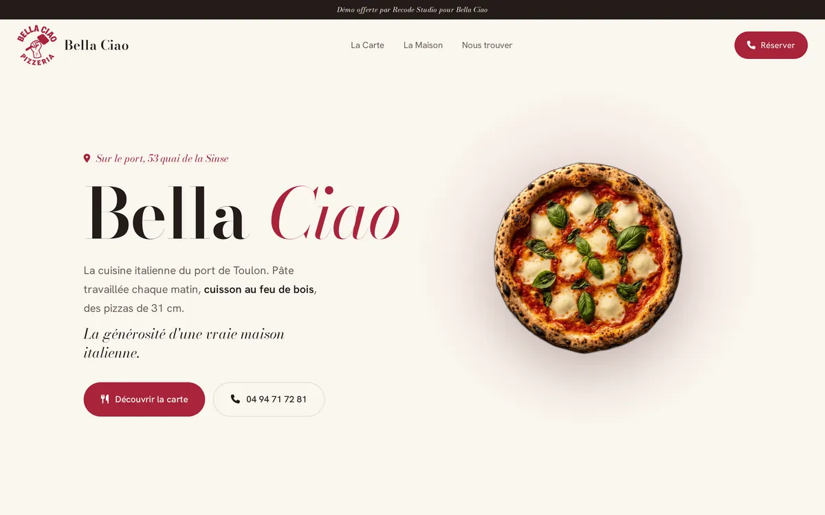 Démonstration de site pour la pizzeria Bella Ciao sur le port de Toulon, réalisée par Recode Studio