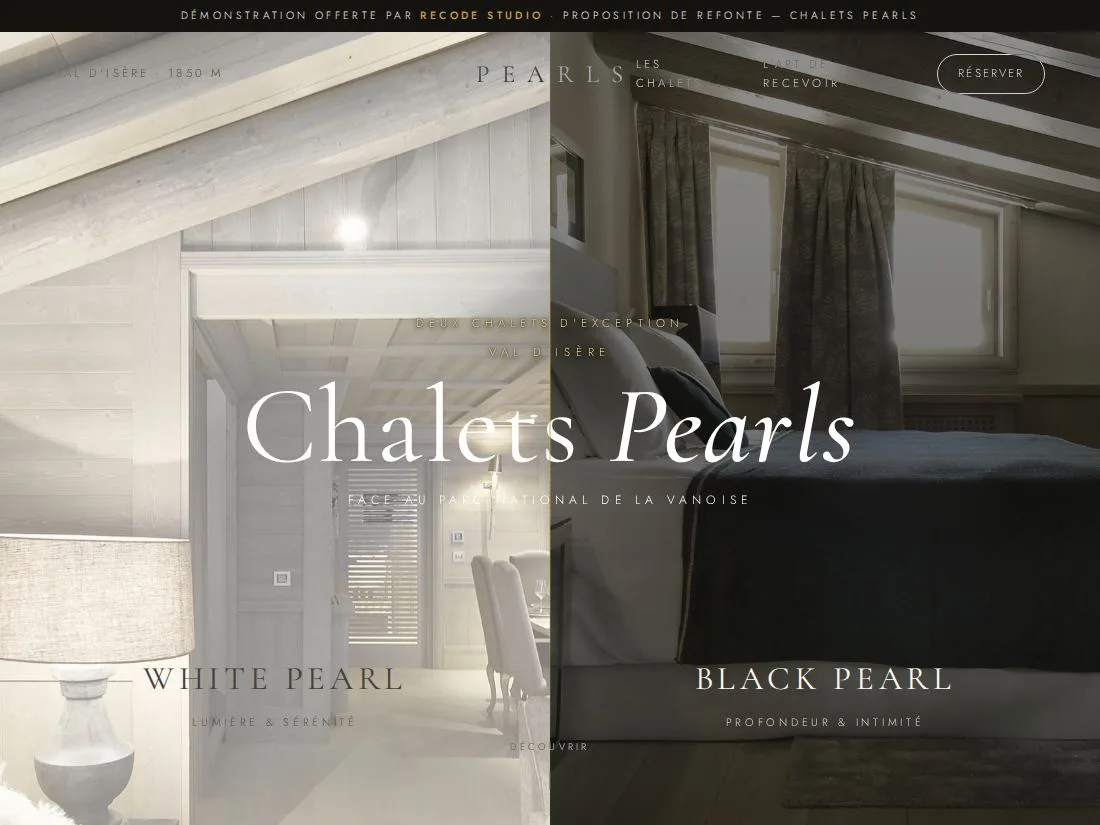 Démonstration de site pour les Chalets Pearls à Val d'Isère, réalisée par Recode Studio