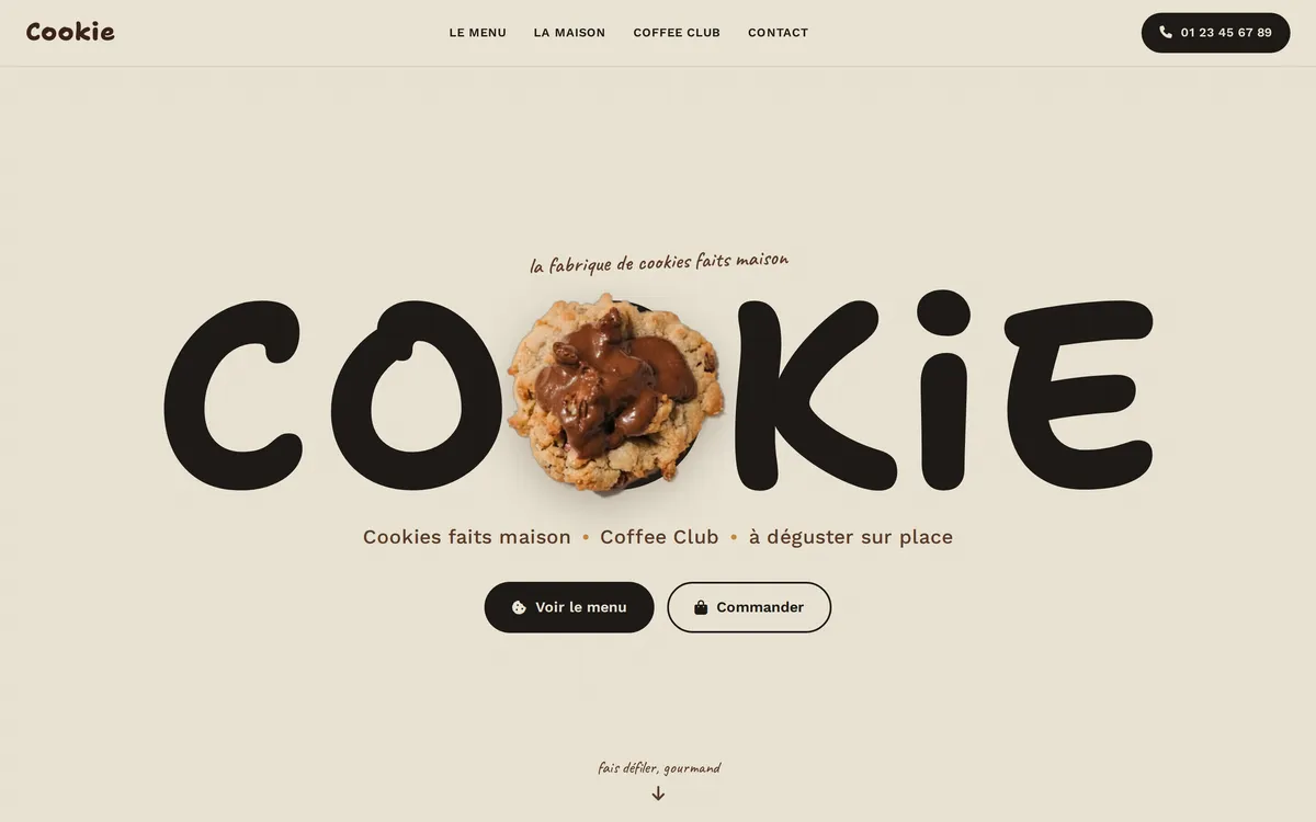 Démonstration de site pour un atelier de cookies artisanaux, réalisée par Recode Studio