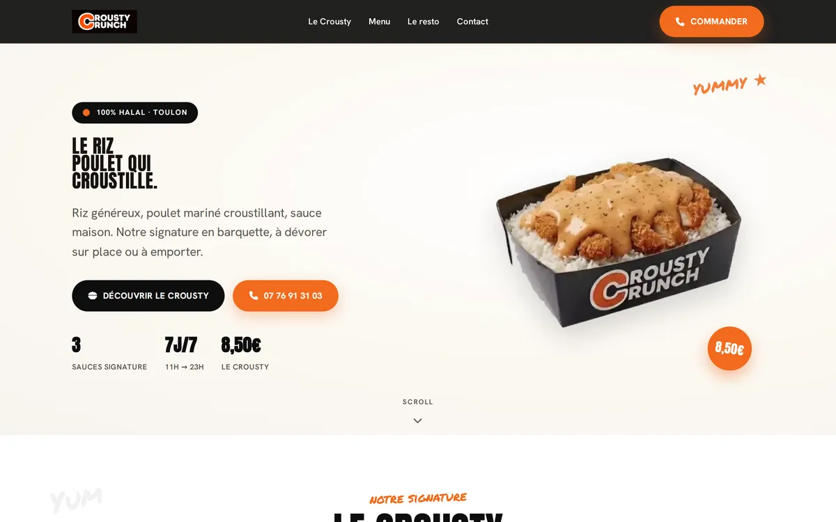 Démonstration de site pour Crousty Crunch, restauration rapide halal à Toulon, réalisée par Recode Studio