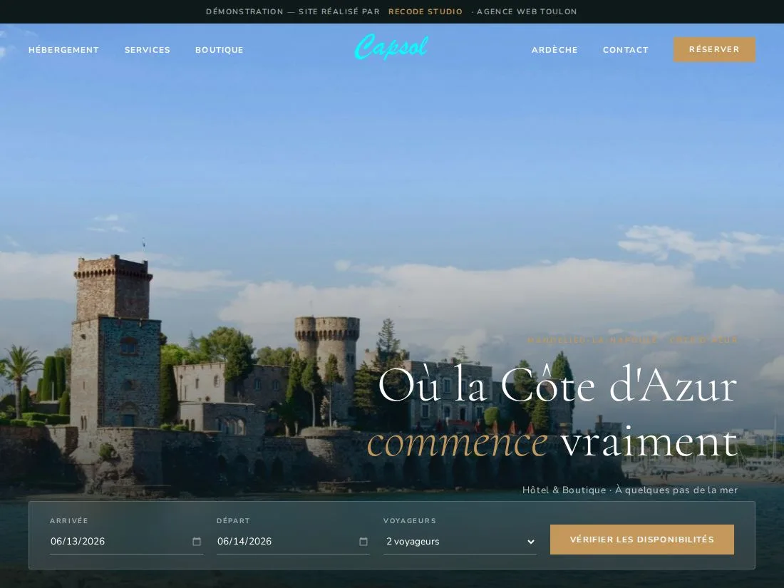 Démonstration de site pour l'Hôtel Cap Sol à Mandelieu, réalisée par Recode Studio