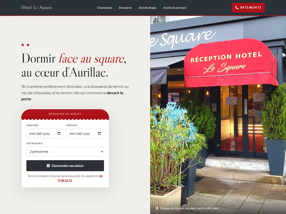Démonstration de site pour l'Hôtel Le Square à Aurillac, réalisée par Recode Studio