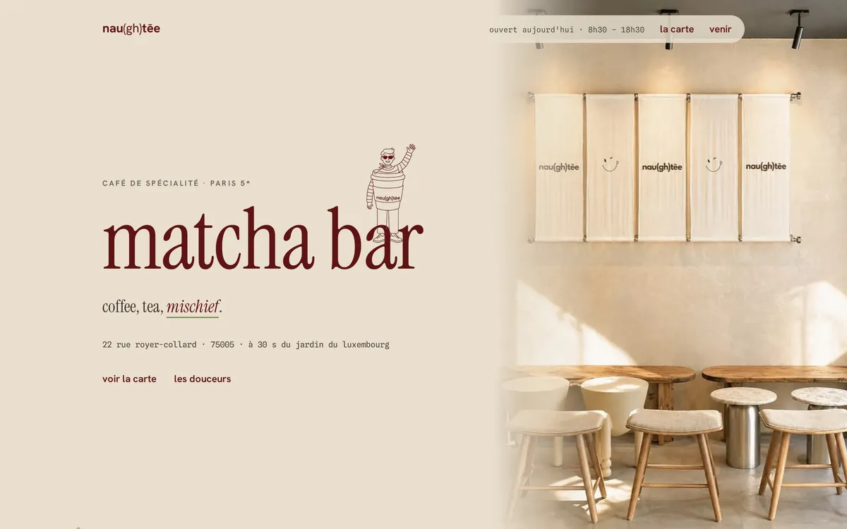 Démonstration de site pour Naughtēe Café, bar à matcha à Paris, réalisée par Recode Studio
