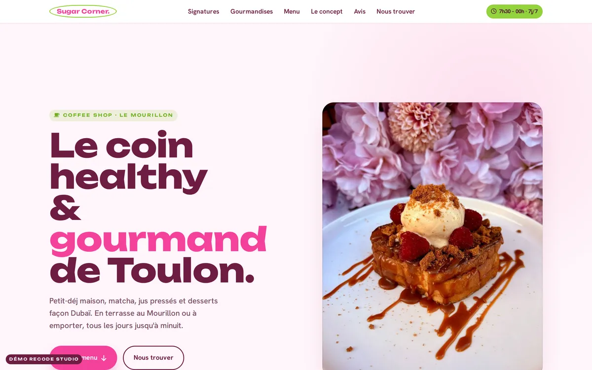 Démonstration de site pour Sugar Corner, café et desserts à Toulon, réalisée par Recode Studio